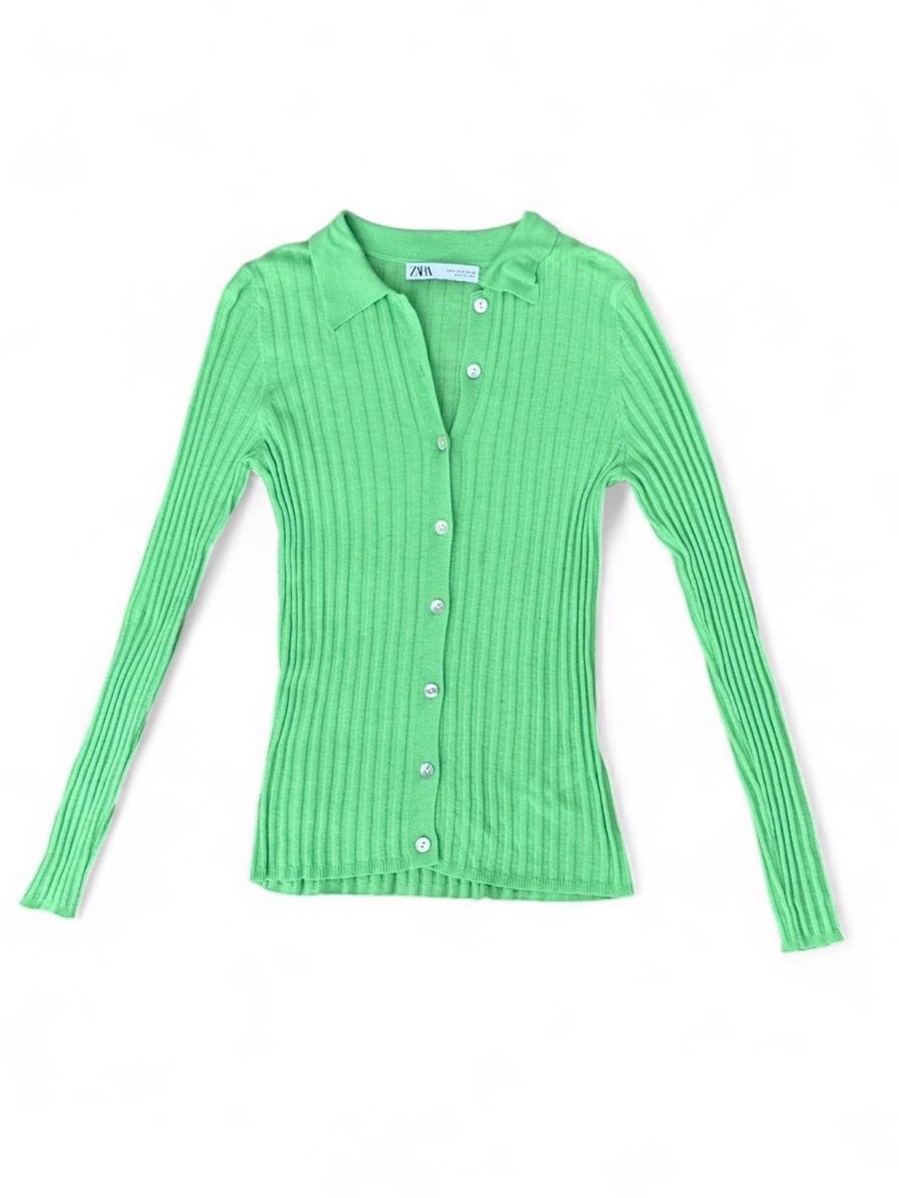 Zara Ribbed Collared Button-Up Long Sleeve Top - Bright Green Women’s S